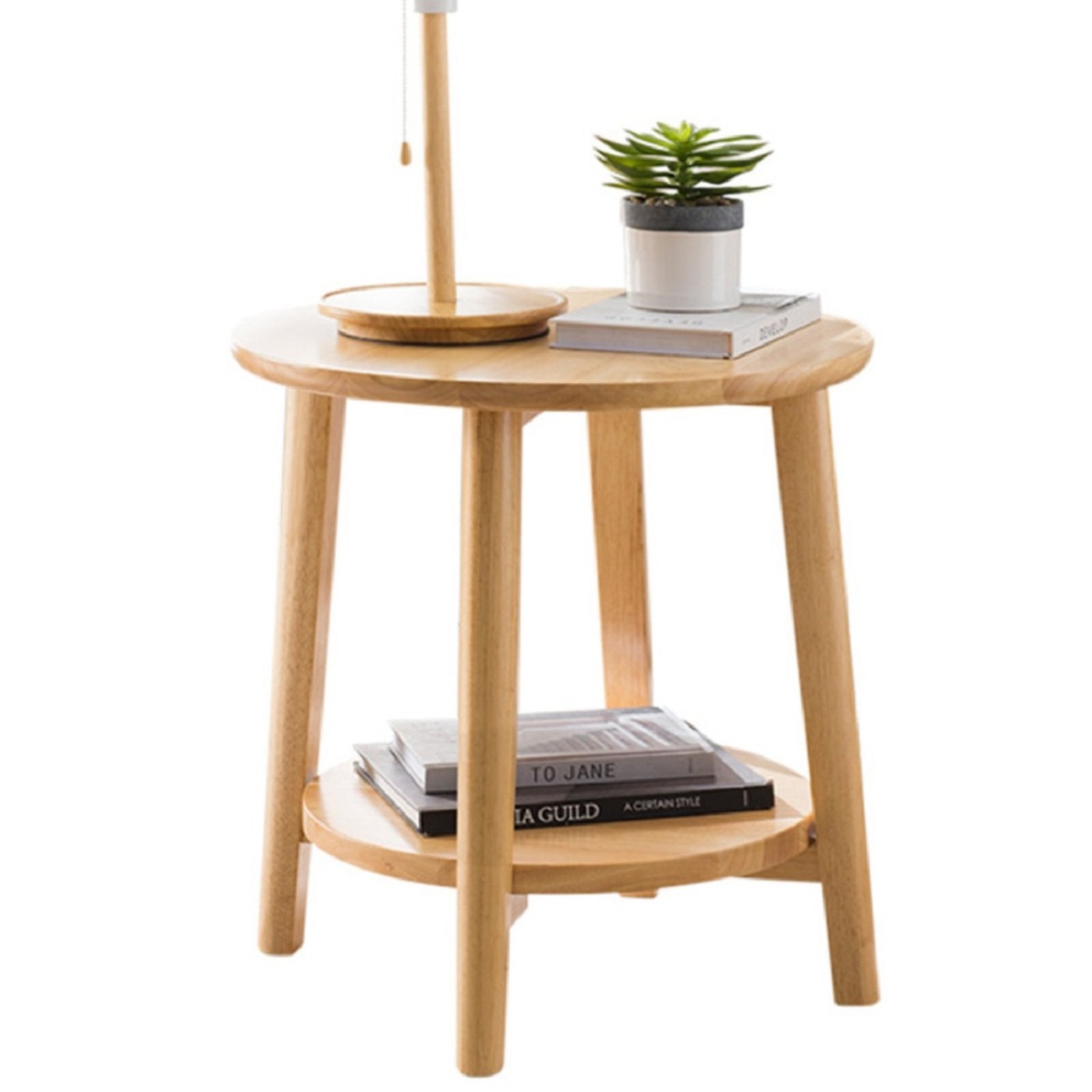 Round Wooden Side Table With Shelf